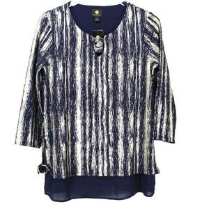 jm collection small top navy blue gold metallic keyhole neckline 3/4 sleeves